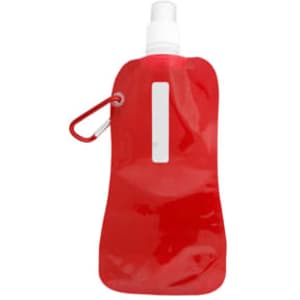 A drink bottle in bright red with a white spray nozzle and a carabiner attachment. Features a logo.