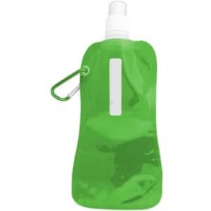 A drink bottle in bright green, featuring a spray nozzle and a clip for attachment. It has a simple logo.