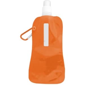 A drink bottle in bright orange with a white logo and a cap. Features a clip for easy attachment.