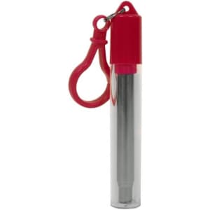 A stainless steel telescopic straw in a clear case with a red cap and clip.