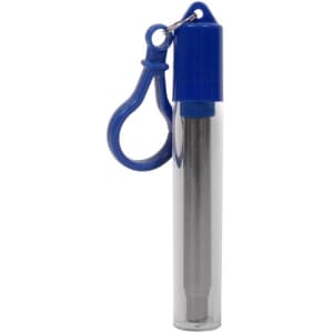 A stainless steel telescopic straw in a clear casing with a blue cap and keyring attachment.