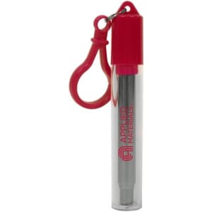 A red and clear case housing a stainless steel telescopic straw, with a keychain clip attached.