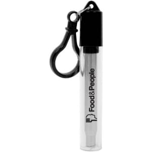 A telescopic stainless steel straw in a clear protective case with a black clip, featuring a logo.