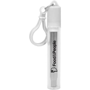 A clear tube containing a retractable stainless steel straw, with a white cap and a clip for easy attachment.
