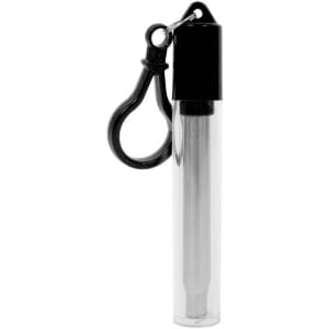 A stainless steel telescopic straw inside a transparent case with a black clip.