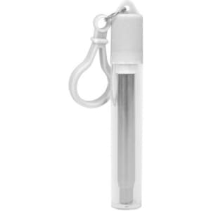 A telescopic stainless steel straw in a clear case with a white cap and a keychain attachment.