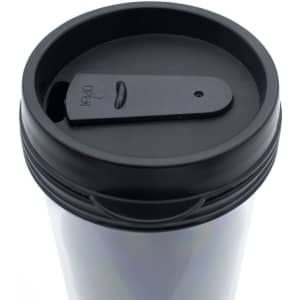 A drink bottle with a black lid and a sleek iridescent finish, featuring a logo.
