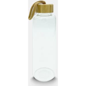 A drink bottle made of clear glass with a bamboo lid and a woven strap.