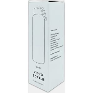 A drink bottle in a white cardboard box, featuring a logo and information about its 550ml capacity.