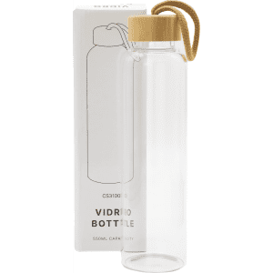 A drink bottle made of clear glass with a bamboo lid and a rope attachment, packaged in a box.