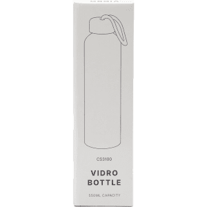 A drink bottle with a sleek design, featuring a lid and an attached carrying loop, in white packaging.