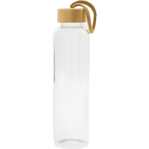 A drink bottle with a clear body and bamboo lid, featuring a rope handle for easy carrying.