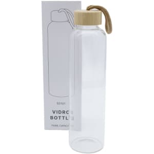 A drink bottle with a clear glass body, wooden lid, and a rope loop, showcasing a minimalist design.