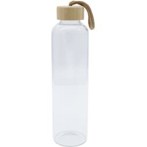 A drink bottle made of clear glass with a bamboo lid and a rope handle.
