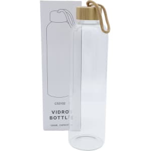 A drink bottle made of clear glass, featuring a bamboo lid and a rope handle, displayed with its packaging.