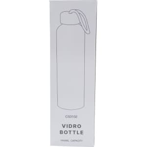 A drink bottle with a sleek design in white packaging, featuring a logo and a carrying strap.