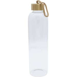A drink bottle with a clear body and a natural wooden lid, featuring a rope handle.