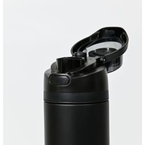 A drink bottle in black with a flip-top lid and a built-in straw. Features a logo on the body.