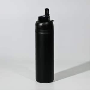 A drink bottle in matte black with a flip-top lid and a built-in straw, featuring a logo.