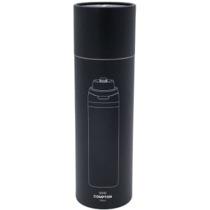 A drink bottle in matte black featuring a design outline and a screw-top lid. It has a logo on the bottle.