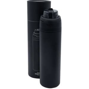 A drink bottle in matte black, standing beside its cylindrical packaging. The bottle has a textured lid and a logo.