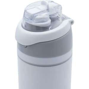 A drink bottle in white and grey with a twist cap and built-in straw. Features a logo on the body.