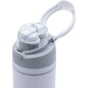 A drink bottle in grey and white with a flip-top lid and a built-in carry handle. It features a logo.