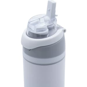 A drink bottle in white with grey accents, featuring a flip-top lid and a branding logo.