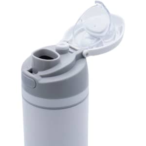 A drink bottle in grey and white, featuring a flip-top lid and a built-in spout, with a logo on the side.