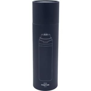 A drink bottle with a sleek black design, featuring a lid and a branding logo. Holds 700mL.
