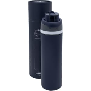 A drink bottle in navy blue with a grey accent, packaged in a matching cylindrical container. It features a logo.