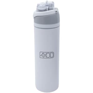 A drink bottle in white with grey accents, featuring a logo on the side and a flip-top lid.