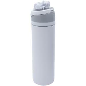 A drink bottle in white with a grey top, featuring a flip cap and a logo on the side.
