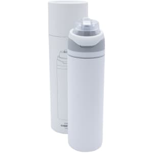 A drink bottle in white with a grey lid, presented in a matching cylindrical packaging. Features a logo.