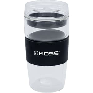 A reusable coffee cup in clear and black, featuring a branded logo, designed for hot beverages.
