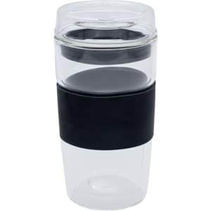 A reusable coffee cup in clear and black, featuring a silicone grip and a lid. It has a 354mL capacity.