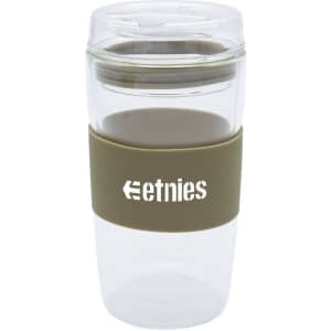 A reusable coffee cup in clear and olive green, featuring a logo and a silicone grip band.