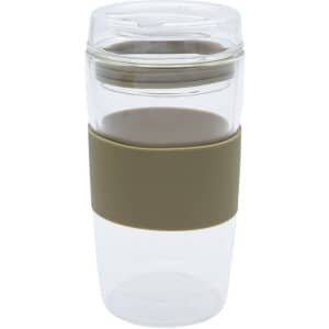 A drink bottle featuring a clear design with a beige silicone band, designed for reusable coffee.