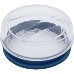 A reusable coffee cup with a clear lid and a dark blue silicone base. It features a branding logo.