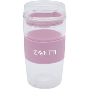 A reusable coffee cup in clear and pink, featuring a silicone band and a lid, with a logo on the side.