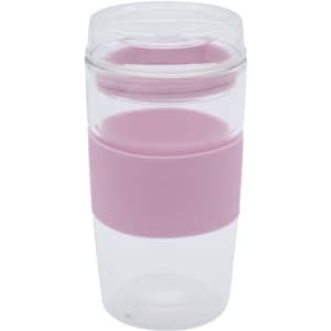 A reusable coffee cup in clear and light pink with a silicone sleeve and a lid featuring a logo.