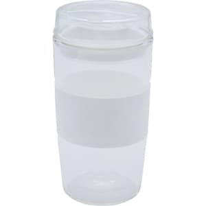 A reusable coffee cup in clear and white, featuring a textured band and a lid. Includes a logo.