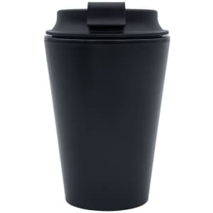 A black, recycled PP 350mL coffee mug with a lid and a sleek design, featuring a logo.