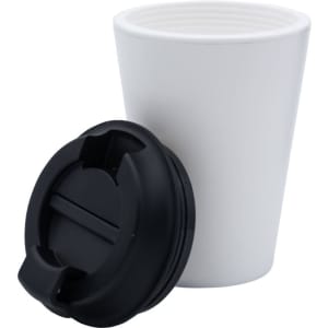 A white coffee mug made from recycled materials with a black lid and a smooth exterior. Includes a logo.