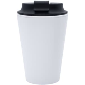 A coffee mug in white with a black lid, featuring a smooth, modern design and a branding logo.