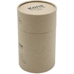 A travel cup packaged in a cylindrical cardboard container, featuring a simple design with a logo.