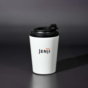 A drink bottle with a white body and black lid, featuring a logo on the front.