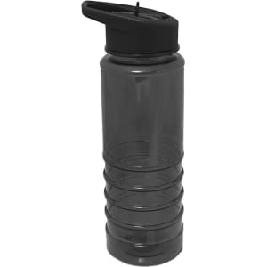 A drink bottle in a translucent black design with a spout and textured grip sections. Features a logo.
