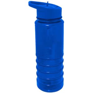 A drink bottle with a blue translucent design, featuring a flip-top lid and straw, with a circular grip pattern.