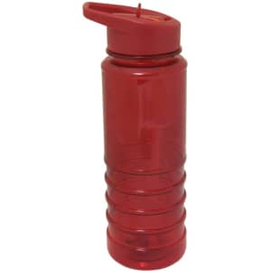 A drink bottle in vibrant red, made of Tritan, featuring a twist-on lid and a built-in straw.